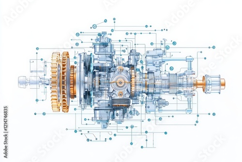 An intricate digital illustration of a mechanical engine, showcasing modern technology and engineering design with vibrant colors and detailed components. photo