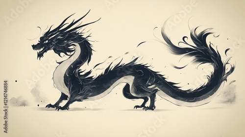 A dark, ink-drawn dragon with spikes and wings