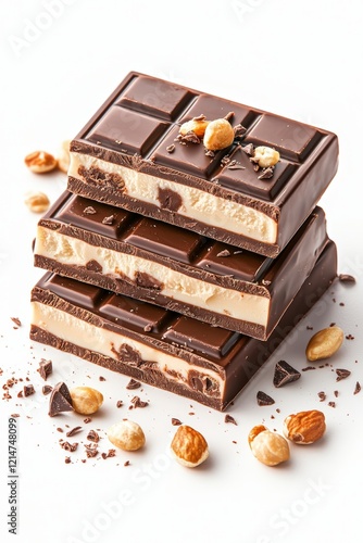 Decadent chocolate bars stacked with a rich filling, topped with crunchy nuts for a delightful treat that tempts the taste buds and satisfies cravings. photo