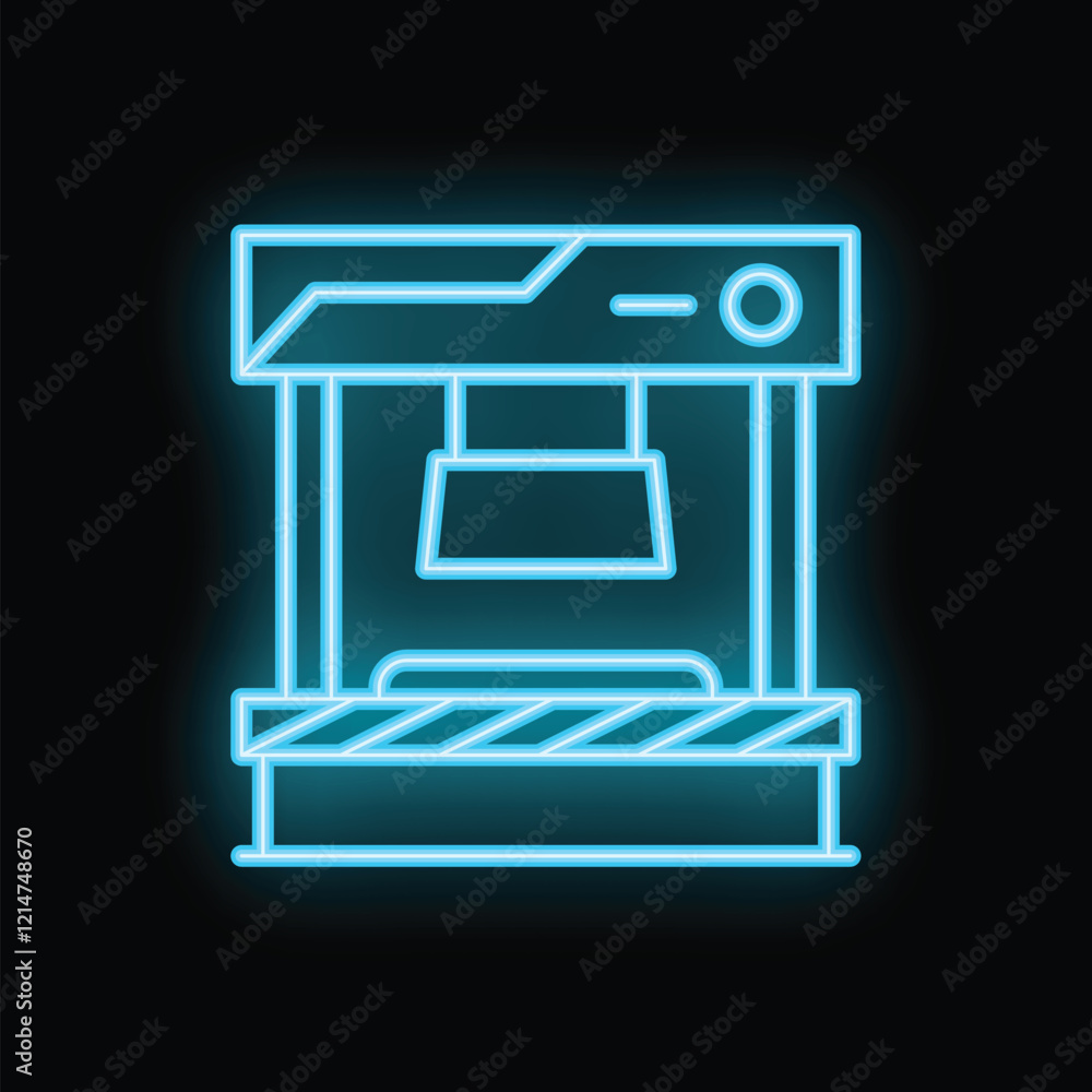 Neon glowing symbol of a hydraulic press machine pressing metal workpiece Neon glowing symbol of a hydraulic press machine pressing metal workpiece