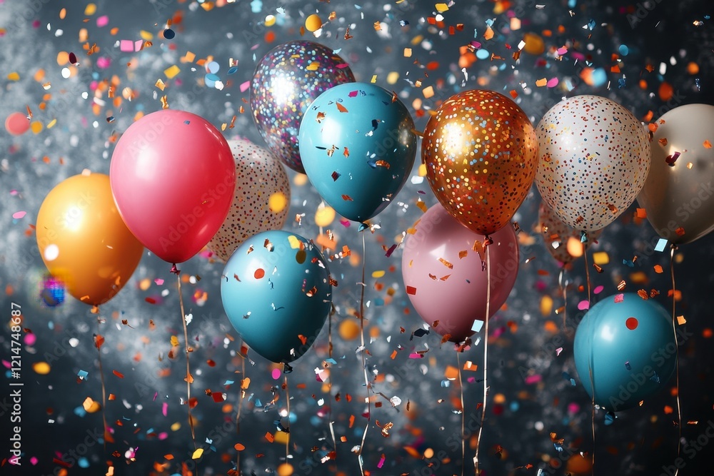 A Vibrant and Festive Scene of Balloons Floating with Confetti A Vibrant and Festive Scene of Balloons Floating with Confetti