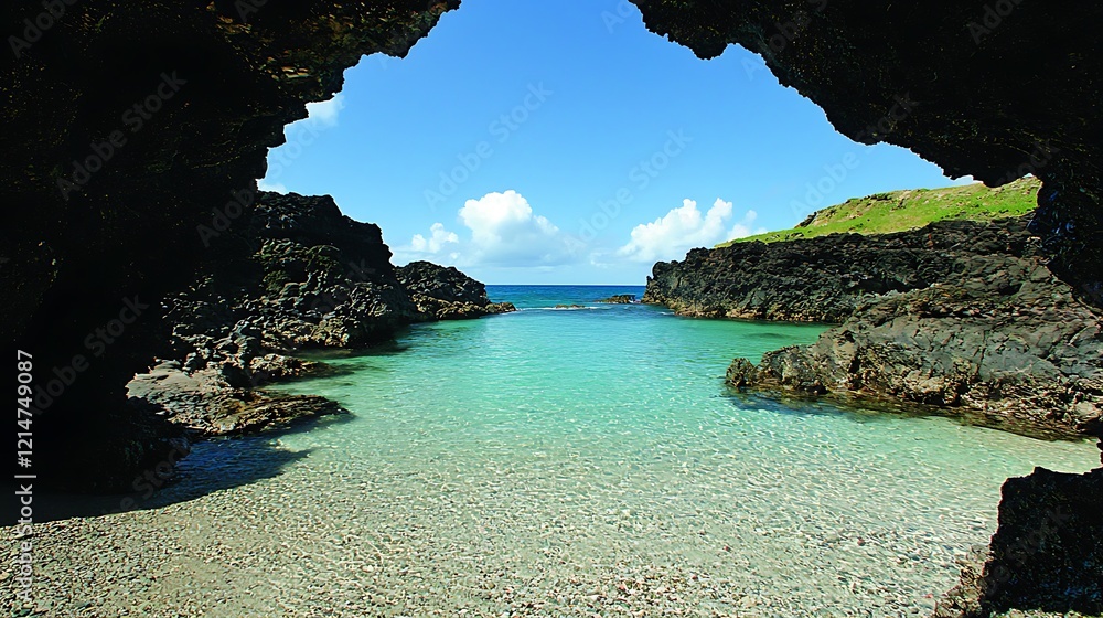 Fototapeta premium Island cove viewed through cave, tranquil turquoise water, sunny sky, travel brochure