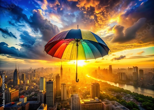 Vibrant Rainbow Umbrella Double Exposure LGBTQ Pride Stock Photo photo