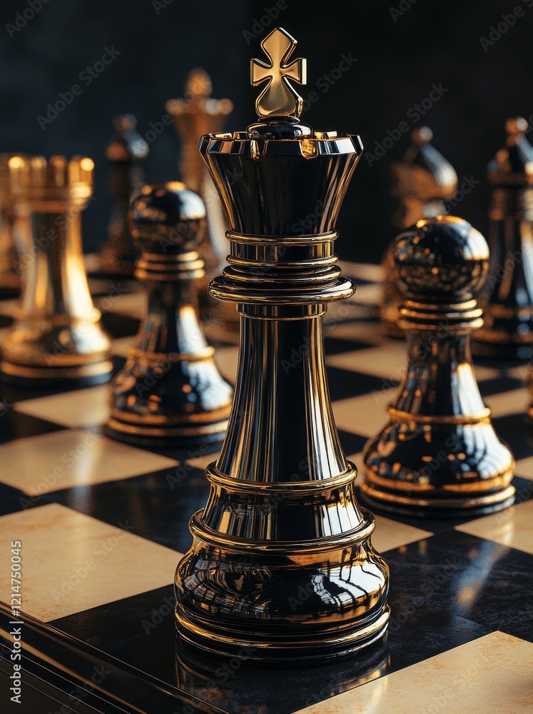 Fototapeta premium The vertical display of golden chess pieces—king, queen, rook, bishop, knight, and pawn—on a dark chessboard background represents leadership, teamwork, partnership, and strategic business concepts