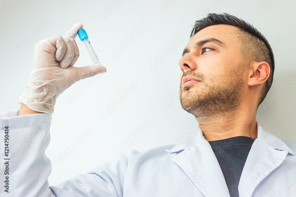 Colombian doctor with a blood tube in his hands inside an office in a hospital in Neiva - Huila - Colombia. Health concept Colombian doctor with a blood tube in his hands inside an office in a hospital in Neiva - Huila - Colombia. Health concept