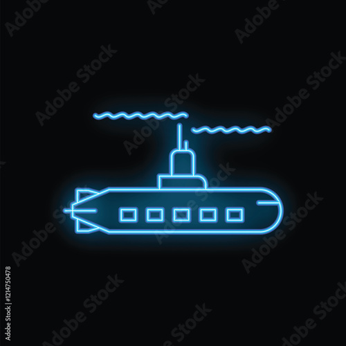 Blue neon icon of a submarine emerging from the water with its periscope up photo