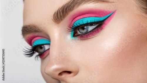 A closeup featuring dualtoned neon eye makeup with the upper eyelid in vibrant turquoise and a contrasting bright fuchsia on the lower lash line. The plain backdrop emphasizes the photo