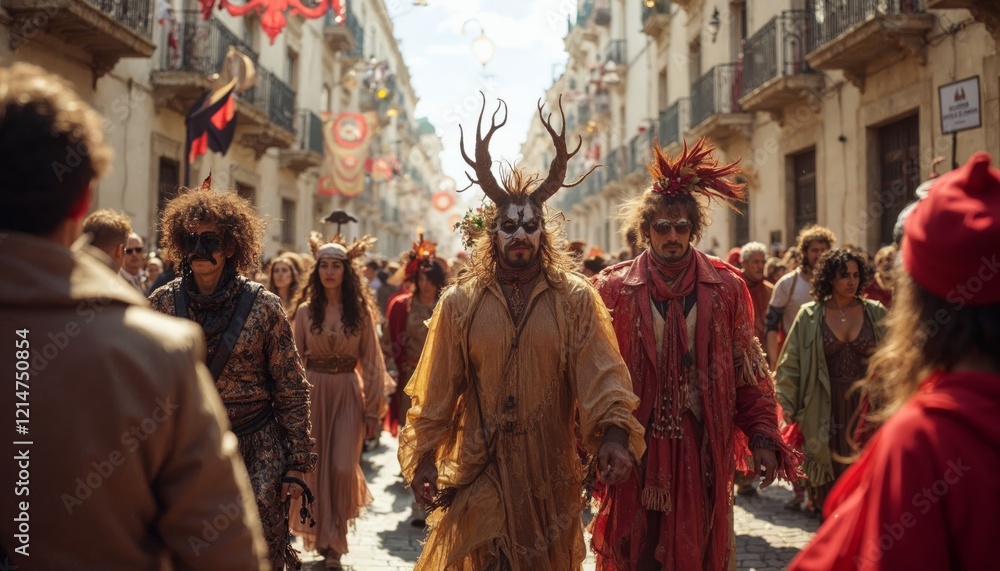 Naklejka premium People in costumes and masks at a street festival. Concept of celebration, tradition, and culture.