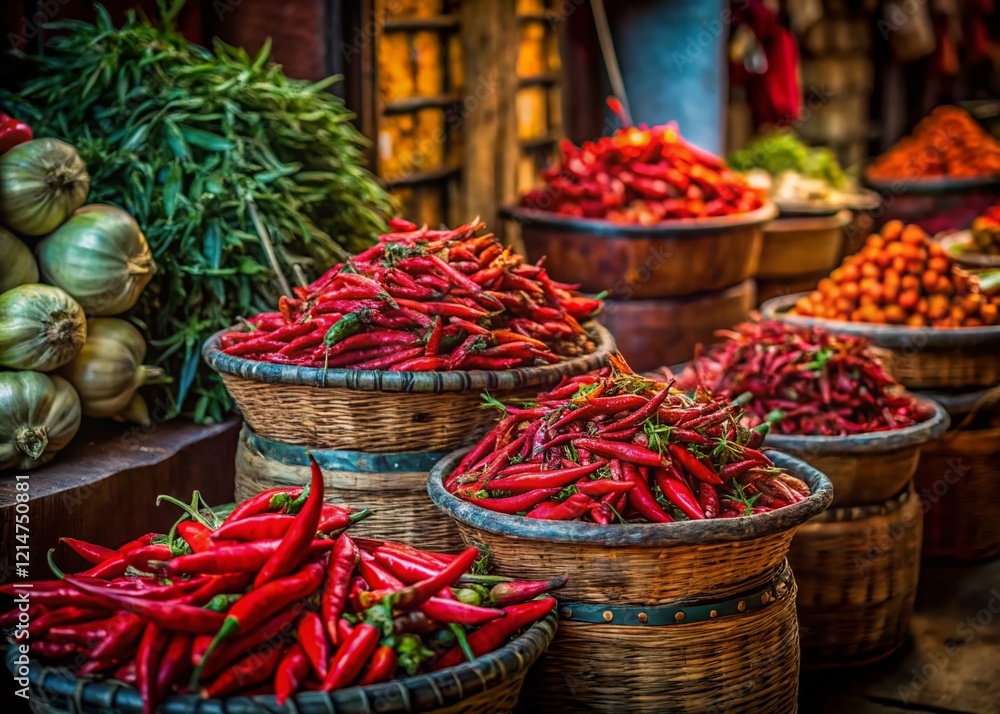 Vibrant Red Chili Peppers at a Low-Light Farmers Market Stall Vibrant Red Chili Peppers at a Low-Light Farmers Market Stall