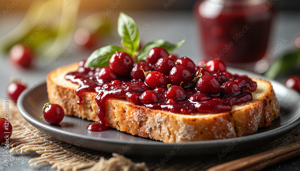 Delicious lingonberry jam on bread at cozy breakfast table, morning joy Delicious lingonberry jam on bread at cozy breakfast table, morning joy