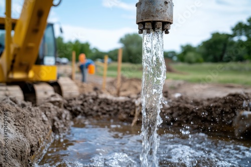 An engaging image illustrating the drilling process, with water sharply ejected from the ground, highlighting the vital role of water in both construction and agriculture. photo