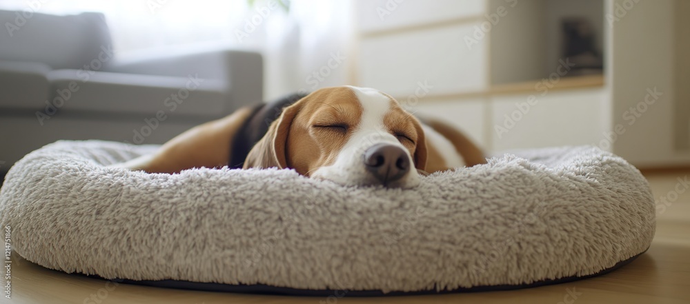 Peaceful beagle dog resting comfortably on a grey bed in the house Peaceful beagle dog resting comfortably on a grey bed in the house