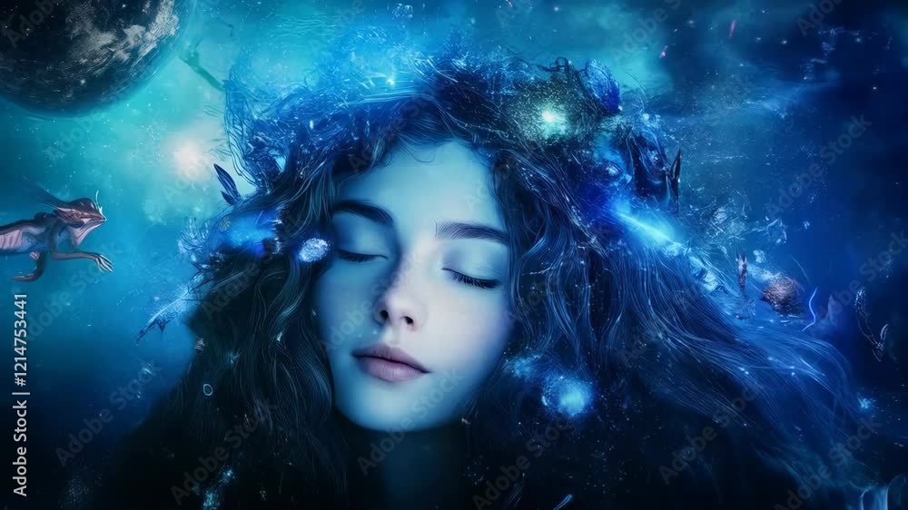 A young woman's face with closed eyes, with a dreamlike serene expression, set against a cosmic background. Concept of meditation and intricate connection between nature and technology. A young woman's face with closed eyes, with a dreamlike serene expression, set against a cosmic background. Concept of meditation and intricate connection between nature and technology.