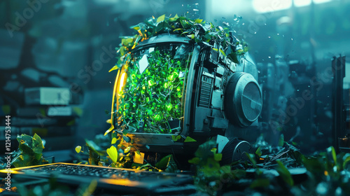 e-waste recycling innovation concept. futuristic computer covered in vibrant green plants photo