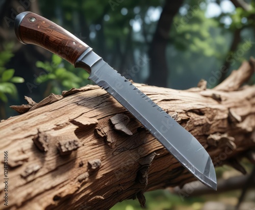 Detail of sharp knife's cut on a thick branch, branch texture, cutting edge, sharp knife photo