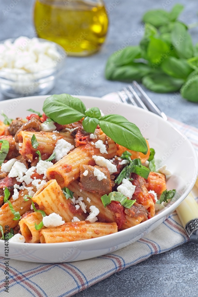 Rigatoni alla Norma pasta with eggplant and tomato, served with basil and ricotta salata, vertical Rigatoni alla Norma pasta with eggplant and tomato, served with basil and ricotta salata, vertical