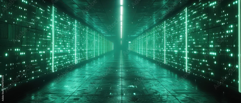 Immersive Digital Corridor with Glowing Teal Lights and Reflective Floor Immersive Digital Corridor with Glowing Teal Lights and Reflective Floor