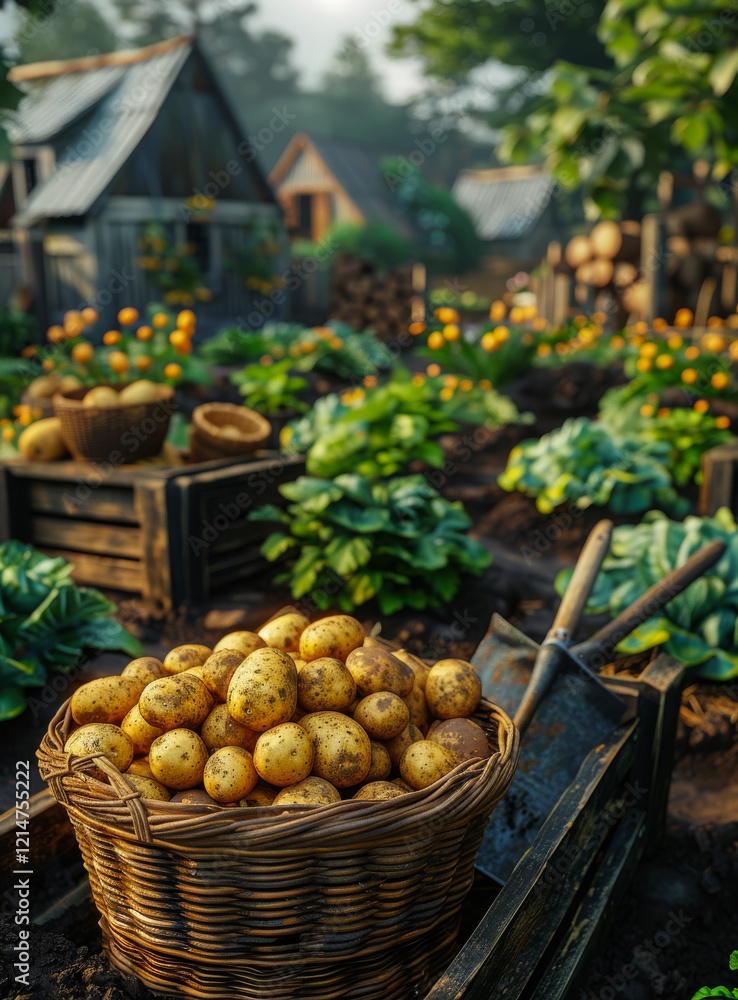 A basket full of potatoes is sitting on a wooden crate in a garden. The basket is overflowing with potatoes, and the crate is surrounded by other baskets and tools A basket full of potatoes is sitting on a wooden crate in a garden. The basket is overflowing with potatoes, and the crate is surrounded by other baskets and tools