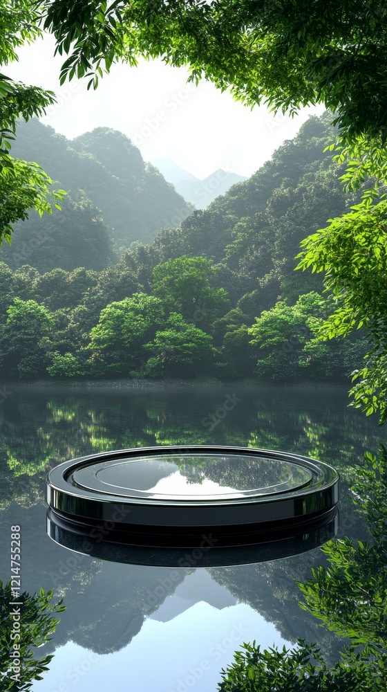 Fototapeta premium Nature Scene with Black Round Display Platform