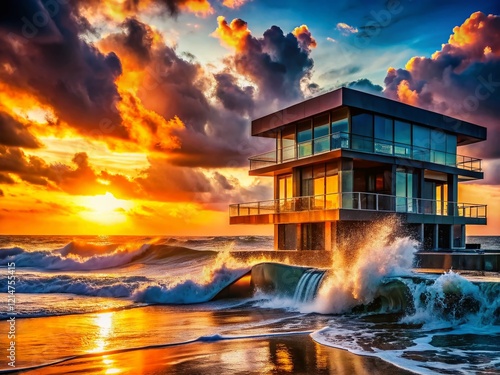 Vibrant Sunset Ocean Waves Coastal Architecture Dramatic Sky Photography