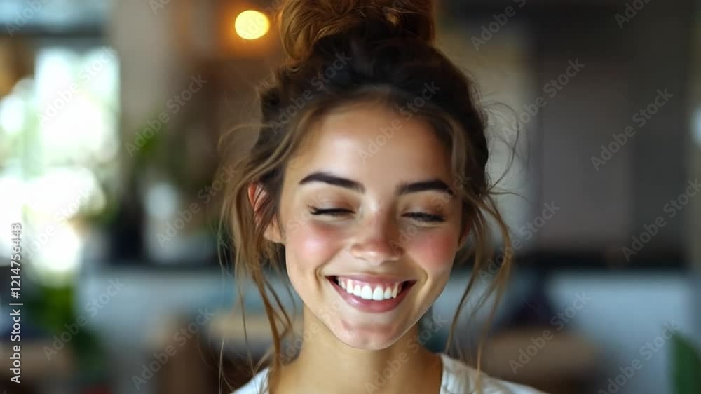 A young woman with a warm smile enjoys her time in a cozy cafe filled with greenery, creating a vibrant and inviting atmosphere. A young woman with a warm smile enjoys her time in a cozy cafe filled with greenery, creating a vibrant and inviting atmosphere.