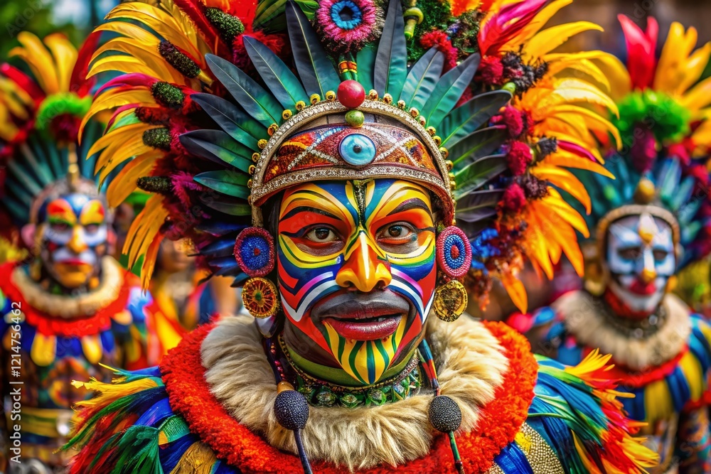 Obraz premium Vibrant Tribal Festival Mask: Colorful Feathered Headpiece, Cultural Celebration