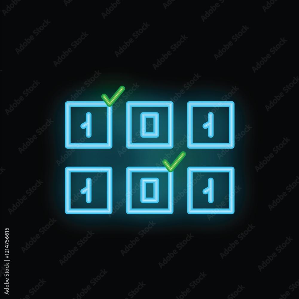 Green check marks are hovering over a series of ones and zeros in blue neon light against a black background Green check marks are hovering over a series of ones and zeros in blue neon light against a black background