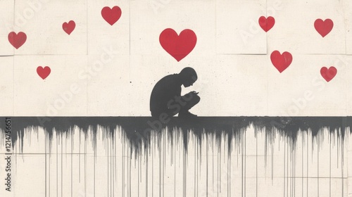 Silhouette of person crouching, surrounded by hearts, on textured background with dripping paint. photo