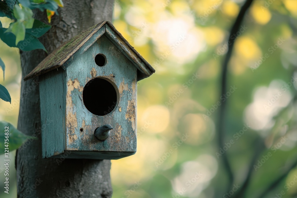 Rustic birdhouse attached to a tree in a serene forest during golden hour sunlight Rustic birdhouse attached to a tree in a serene forest during golden hour sunlight