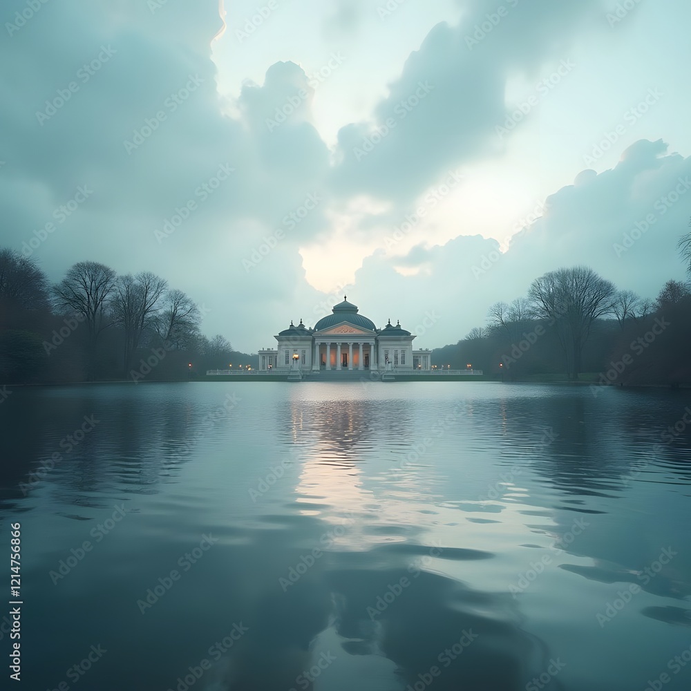 Fototapeta premium Ethereal Symmetry Architectural Harmony Reflected in Rippling Waters