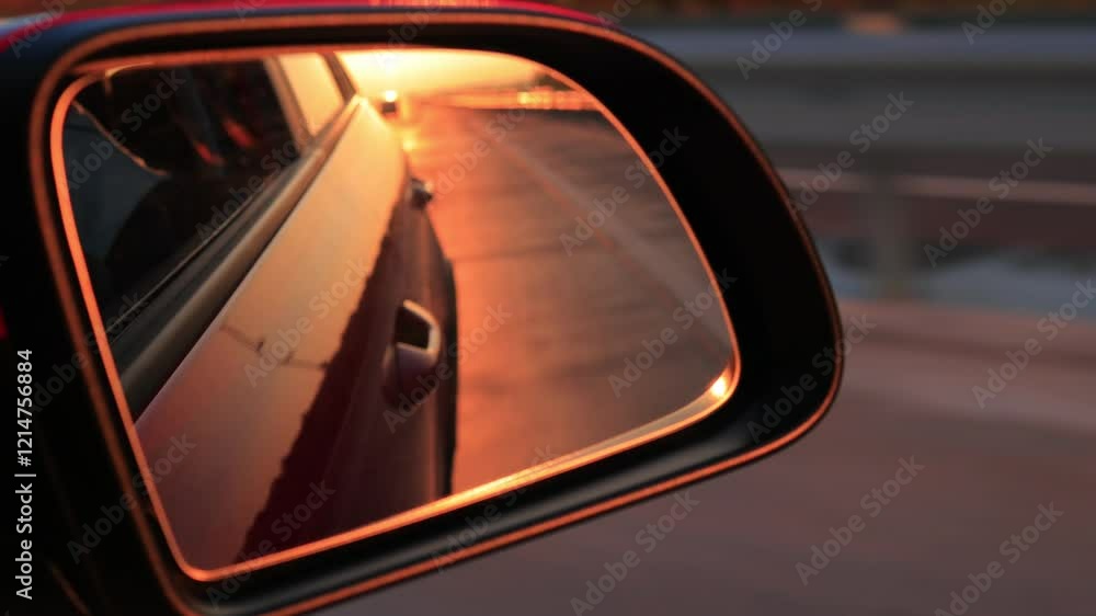 The sun is reflected in the mirror, evening road. View in the side rear view mirror of a red car driving along the highway
