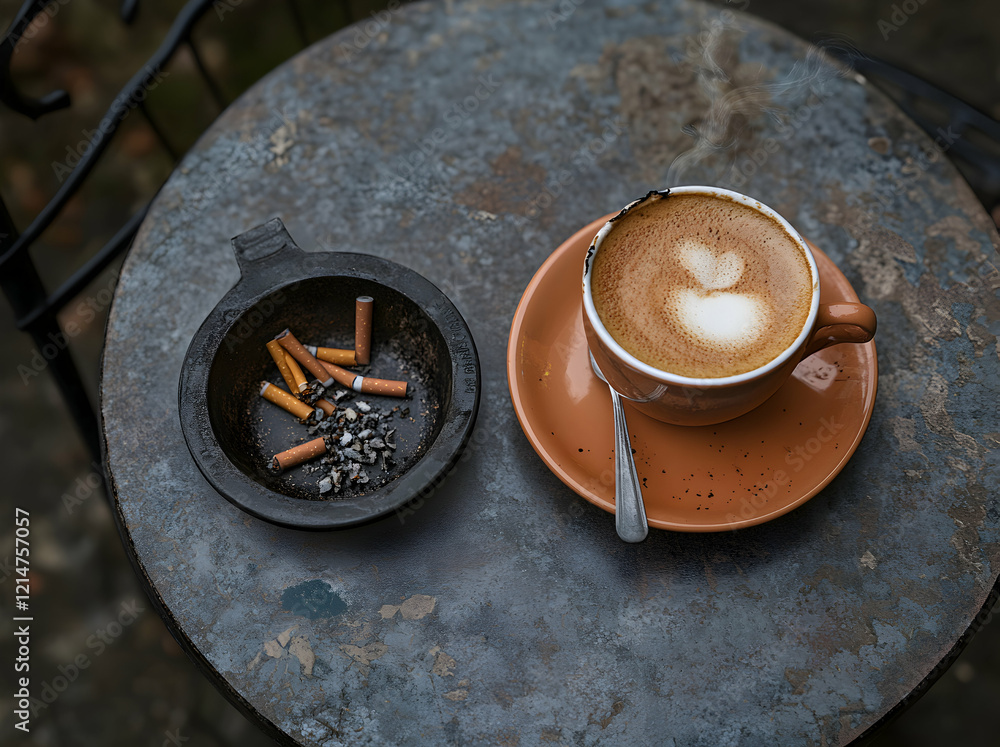 Aromatic Coffee and Cigarette Smoke on a Rustic Table Aromatic Coffee and Cigarette Smoke on a Rustic Table