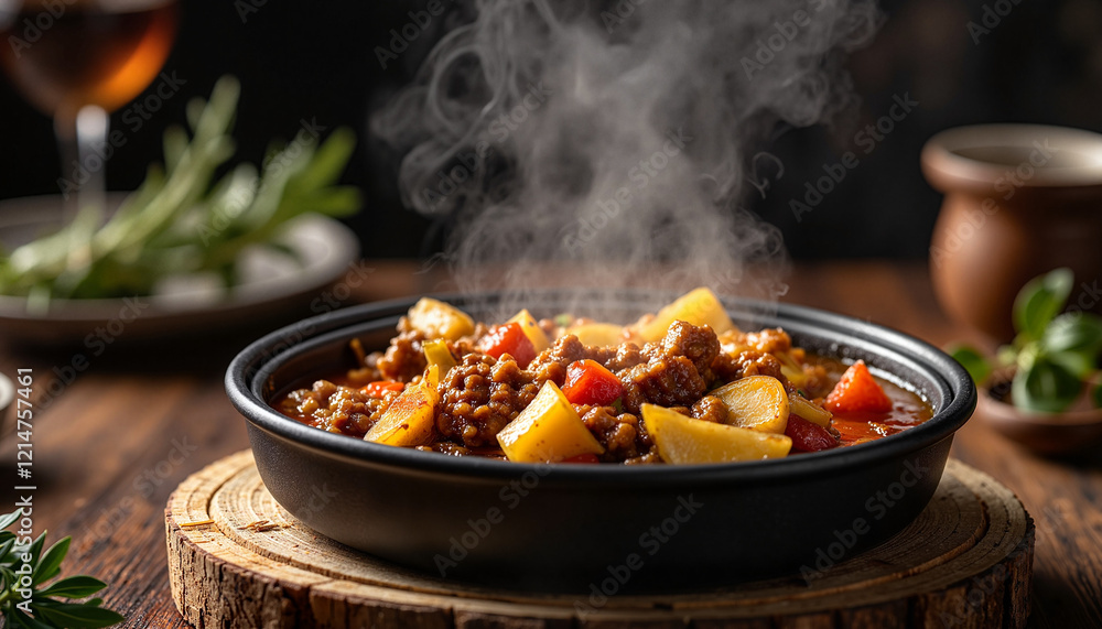 Steaming gulasch stew on rustic wooden table, cozy indoor dining Steaming gulasch stew on rustic wooden table, cozy indoor dining