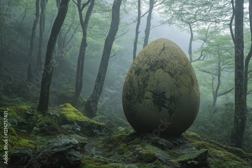 Mysterious large egg stands alone in a misty forest surrounded by trees and moss photo