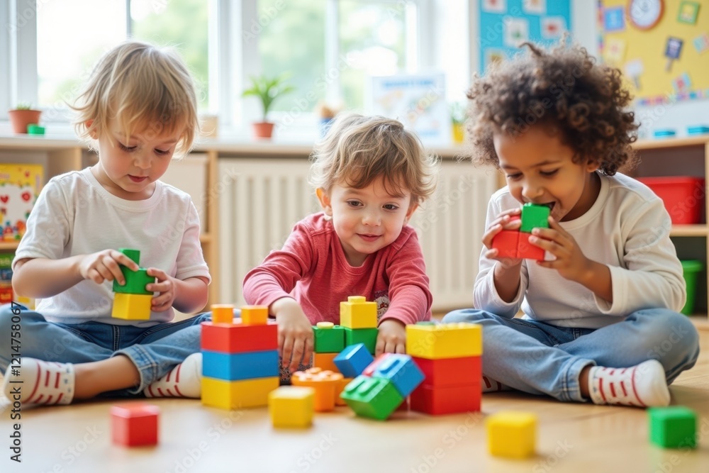 A group of three children plays with colorful building blocks in a sunny classroom. The walls are decorated with drawings, and there are toys scattered around the floor A group of three children plays with colorful building blocks in a sunny classroom. The walls are decorated with drawings, and there are toys scattered around the floor