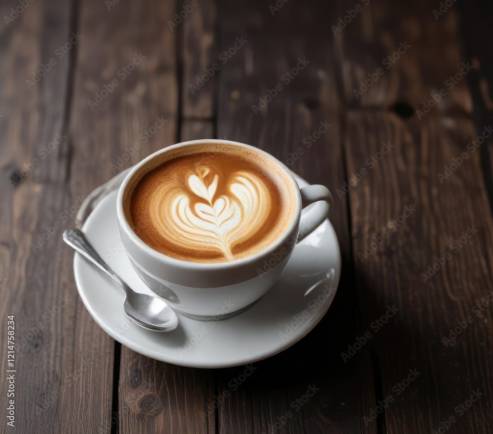 Fototapeta premium Coffee cup with rosetta latte art against dark wooden background, contrast, morning, cafe