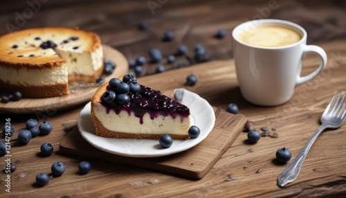 Coffee cup and blueberry cheesecake on a rustic wooden table, farm food, country scene