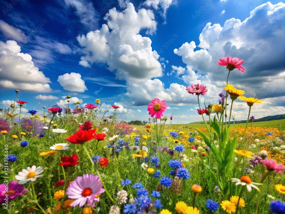 Vibrant Wildflower Meadow Landscape with Blue Sky - Summer Nature Scene Vibrant Wildflower Meadow Landscape with Blue Sky - Summer Nature Scene