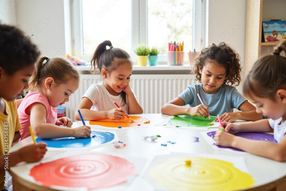 Five kids are sitting at a round table, painting with bright colors on paper. A window lets in natural light, and art supplies are neatly arranged nearby Five kids are sitting at a round table, painting with bright colors on paper. A window lets in natural light, and art supplies are neatly arranged nearby