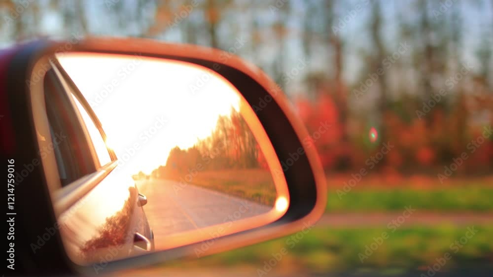 The sun is reflected in the mirror, evening road. View in the side rear view mirror of a red car driving along the highway The sun is reflected in the mirror, evening road. View in the side rear view mirror of a red car driving along the highway