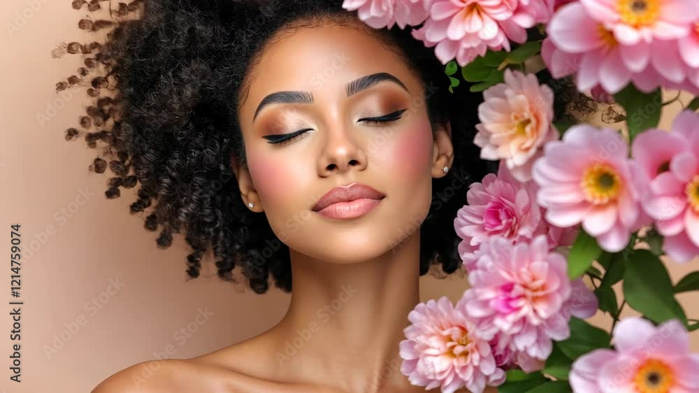 A friendly and inviting photo showing a woman with flowers, with naturally painted lips. video 4k A friendly and inviting photo showing a woman with flowers, with naturally painted lips. video 4k