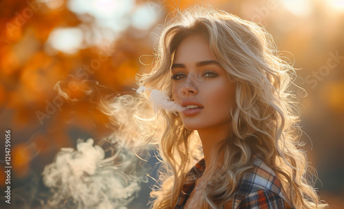 A woman with blonde hair is smoking a cigarette. The smoke is visible in the air, and the woman is looking directly at the camera. Concept of casualness and relaxation