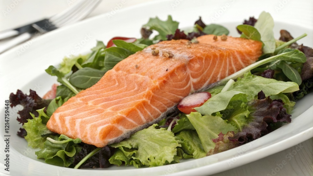 Fresh salmon fillet on a bed of mixed greens salad, salad bowl, fish, rice, poke salad, seafood Fresh salmon fillet on a bed of mixed greens salad, salad bowl, fish, rice, poke salad, seafood