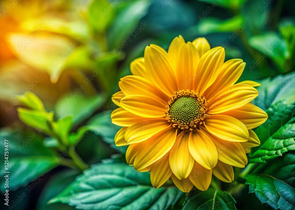 Obraz premium Vibrant Yellow Flower with Lush Green Leaves - Copy Space Left
