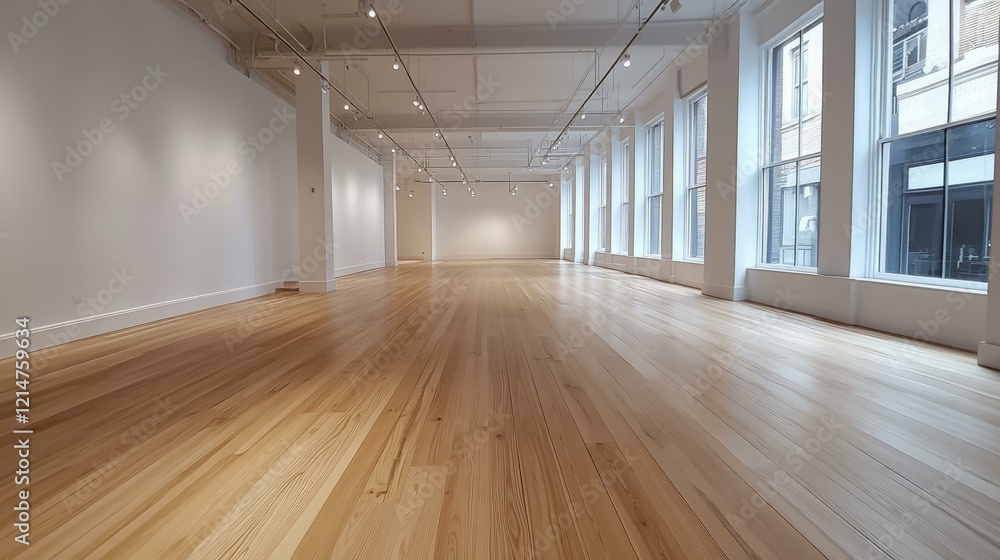 Empty Modern Art Gallery with Polished Hardwood Flooring Empty Modern Art Gallery with Polished Hardwood Flooring