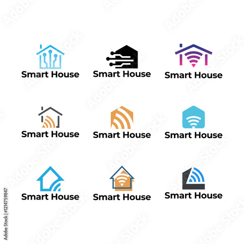 Set of Smart house logo. Smart home logo icon with wireless connection concept.