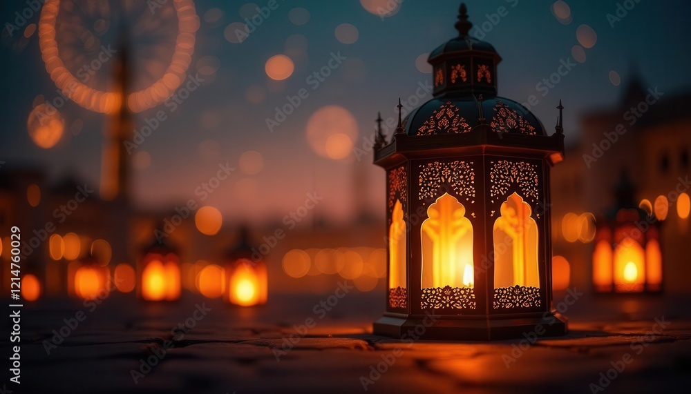 Glowing Lantern in a Night Cityscape Glowing Lantern in a Night Cityscape