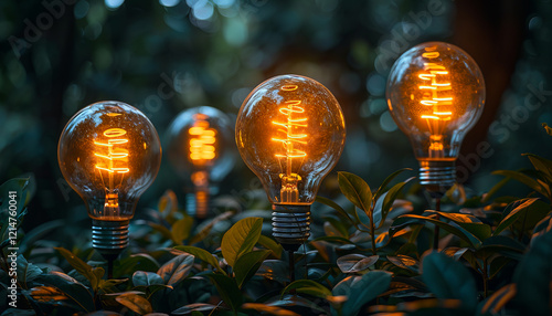 A group of four light bulbs are lit up and surrounded by green leaves. The bulbs are all different sizes and colors, creating a warm and inviting atmosphere.