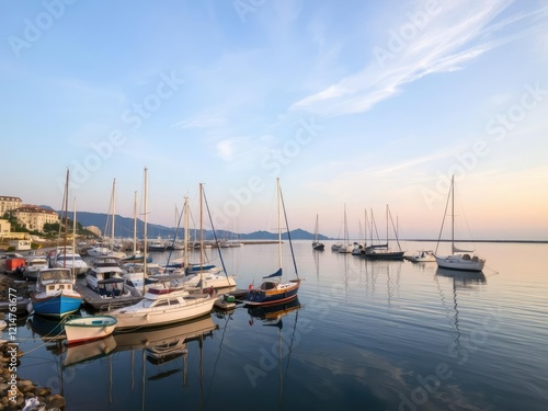 Ferragudo harbor at dawn with fishing boats and yachts, architecture, ocean, bridge