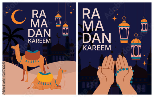 2d vector Ramadan Kareem, geometric background and wallpaper design, Ramanda Kareem illustration, greeting card template, hand praying and holding rosary, 